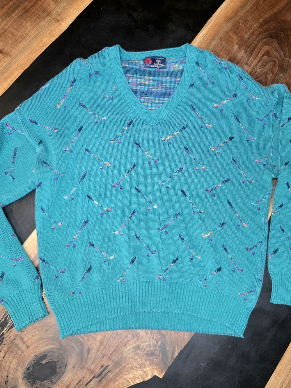 Vintage Cotton V-Neck Sweater | Made in USA | Teal Knit w/ Golf Club Pattern